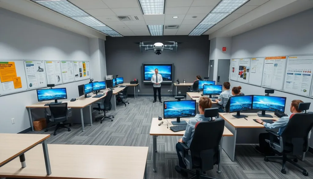 UAV simulator classroom setup showing multiple student stations