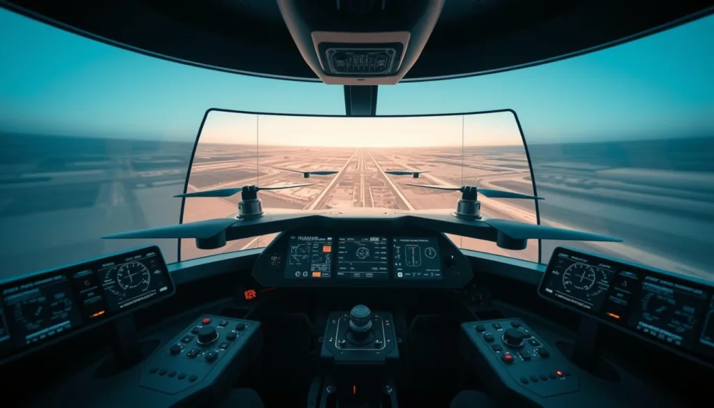 A detailed drone flight simulator cockpit, with a sleek and modern interface. The pilot's view is centered on a large, high-resolution display showing a realistic 3D environment. Intricate control panels line the sides, offering precise control over the drone's movements and systems. Soft, ambient lighting creates a focused, immersive atmosphere. The scene conveys a sense of professionalism and mastery, guiding the user from beginner to expert pilot through a comprehensive training experience.