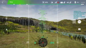 Overall view of the 500 kV tension tower captured during drone simulator inspection.