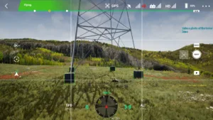 Base of the 500 kV tension tower viewed during drone simulator inspection.