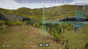 Full view of 500kV linear tower in drone simulator inspection.