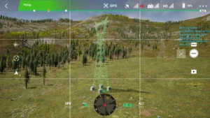 Drone simulator screenshot inspecting the overall view of a 220kV linear tower