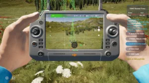 Drone inspection view of the entire transmission tower