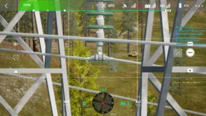 Drone simulator screenshot inspecting the middle phase wire end attachment of a 220kV linear tower