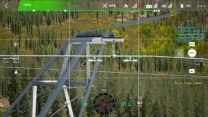 Right-side ground wire of 500 kV pull tower captured in drone inspection simulator.