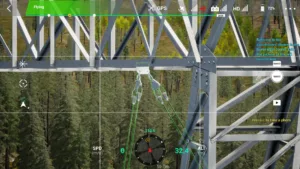 Right-phase cross-arm section of 500 kV pull tower in drone simulator.