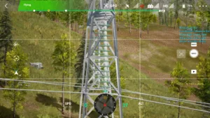 Drone simulator screenshot inspecting the right phase insulator string of a 220kV linear tower