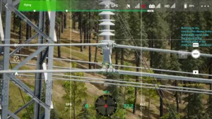 Right-phase conductor end of 500 kV pull tower shown in drone inspection simulator.