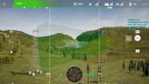 Drone simulator screenshot inspecting the large side path of a 220kV linear tower