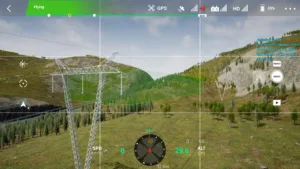 Small-side access path of 500 kV pull tower inspected in drone simulator.