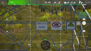 Drone simulator screenshot inspecting the pole number plate of a 220kV linear tower