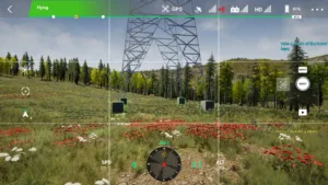 Tower base and foundation of 500kV linear tower in drone simulator view.