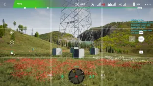 Drone simulator screenshot inspecting the base of a 220kV linear tower