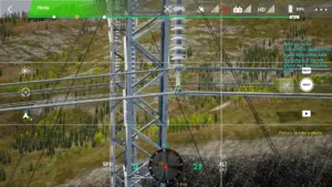 Left-phase conductor end point of 500 kV pull tower viewed in drone simulator.