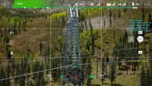 Drone simulator screenshot inspecting the left phase insulator string of a 220kV linear tower