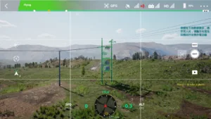 Drone simulator screenshot showing the full view of a 10kV double pole substation used in power line training.
