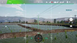 Drone simulator screenshot showing the full view of a 10kV T-line straight pole tower used in power line inspection training.