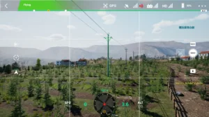 Drone simulator screenshot showing the full view of a 10kV tension pole tower used in power line inspection training.