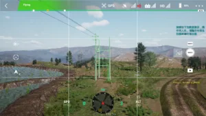 Drone simulator screenshot showing the full view of a 10kV terminal pole tower used in power line inspection training.