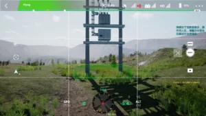Foundation structure of a 10kV double pole substation captured in drone power inspection simulator.