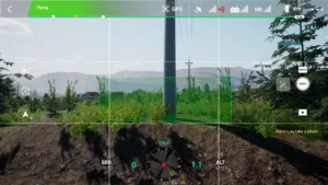 Base structure of a 10kV straight pole captured in drone power line inspection simulator.