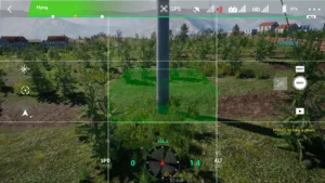 Base structure of a 10kV tension tower captured in a UAV power line inspection simulator.