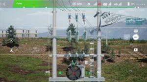 Fuse unit of a 10kV double pole substation displayed in drone power inspection simulation.