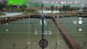 Right-side insulator of a 10kV T-line straight pole captured in drone simulation for electric power operations.