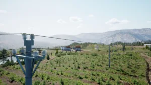 Large side channel view of a 10kV straight pole displayed in drone power inspection training simulation.