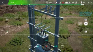 Ceramic cross-arm of a 10kV double pole substation displayed in drone power inspection simulator.