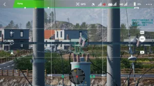 Second disconnector on a 10kV terminal pole captured in drone simulator for electric operations.