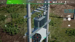 Rear view of the transformer on a 10kV double pole substation displayed in drone inspection simulator.