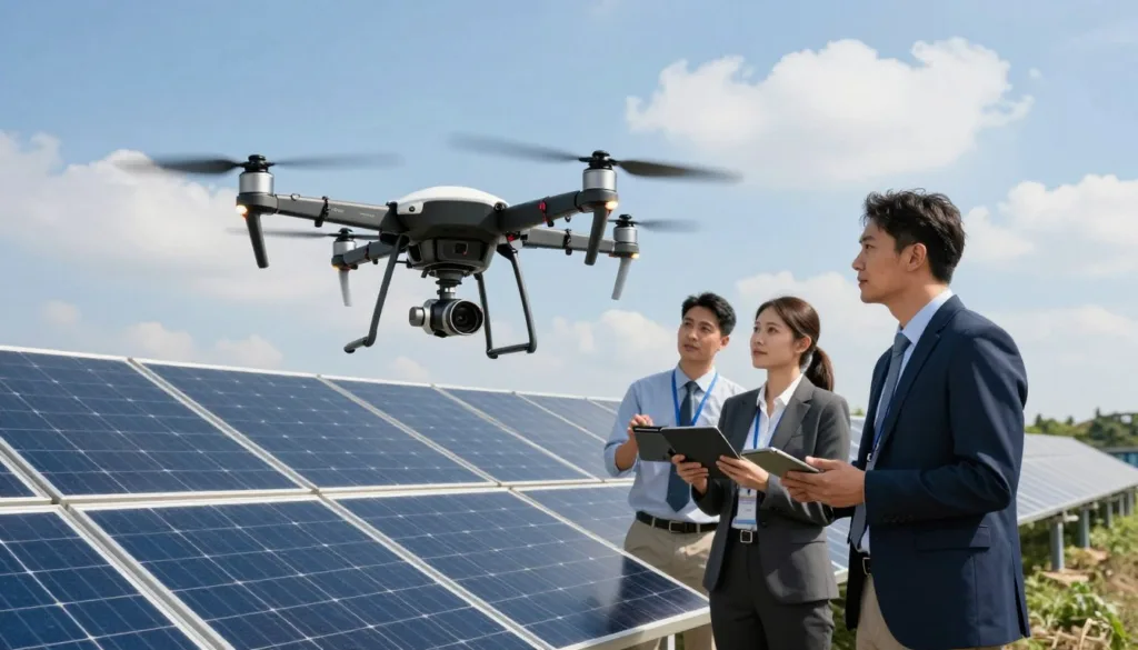 solar energy professionals using advanced drone training for solar panel inspections